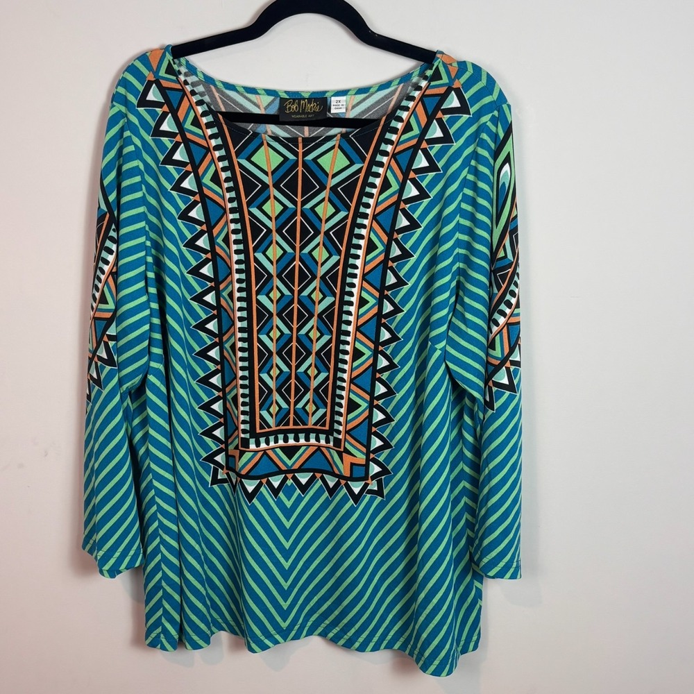 Bob Mackie Wearable Art Womens Blue Geometric Tribal Pattern Stretch Blouse 2X
